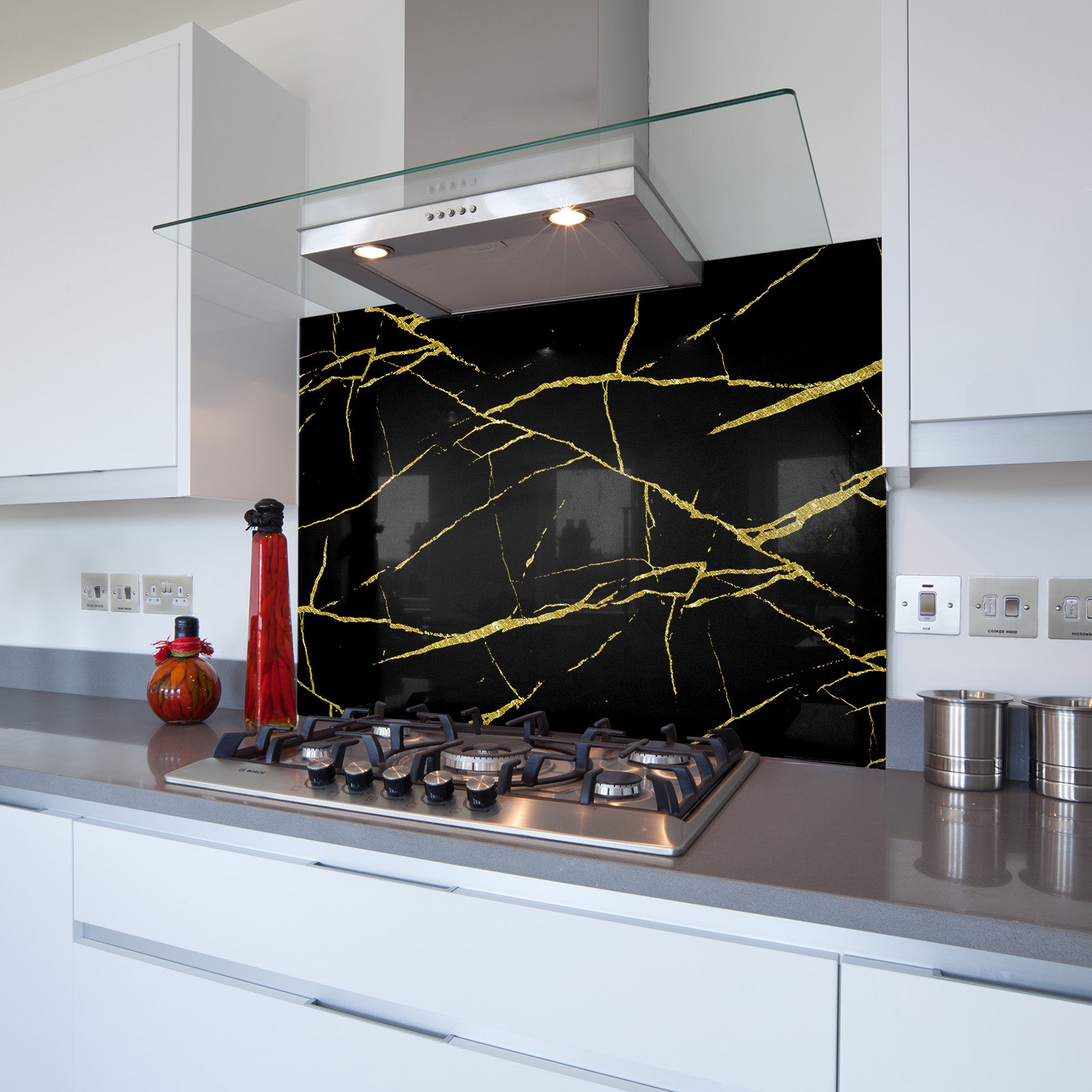 Gold Vein Black Granite Toughened Glass Kitchen Splashback - Adhesive Included