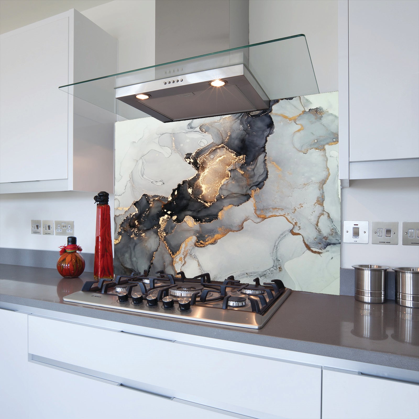 Grey & Gold Marble Toughened Glass Kitchen Splashback - Adhesive Included